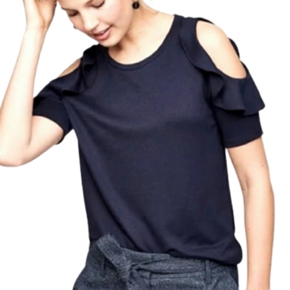 LOFT Navy Blue Cold Shoulder Ruffle Top